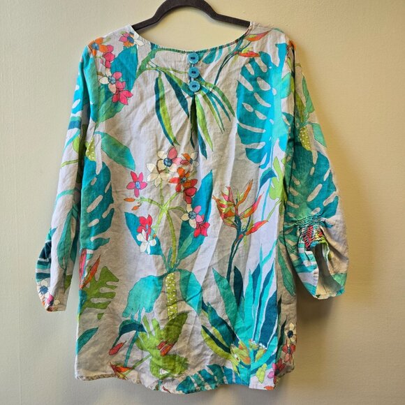 Sharon Young Linen Tropical Floral Print Womens Tunic Button Back & Ruched Sleev - Picture 2 of 9